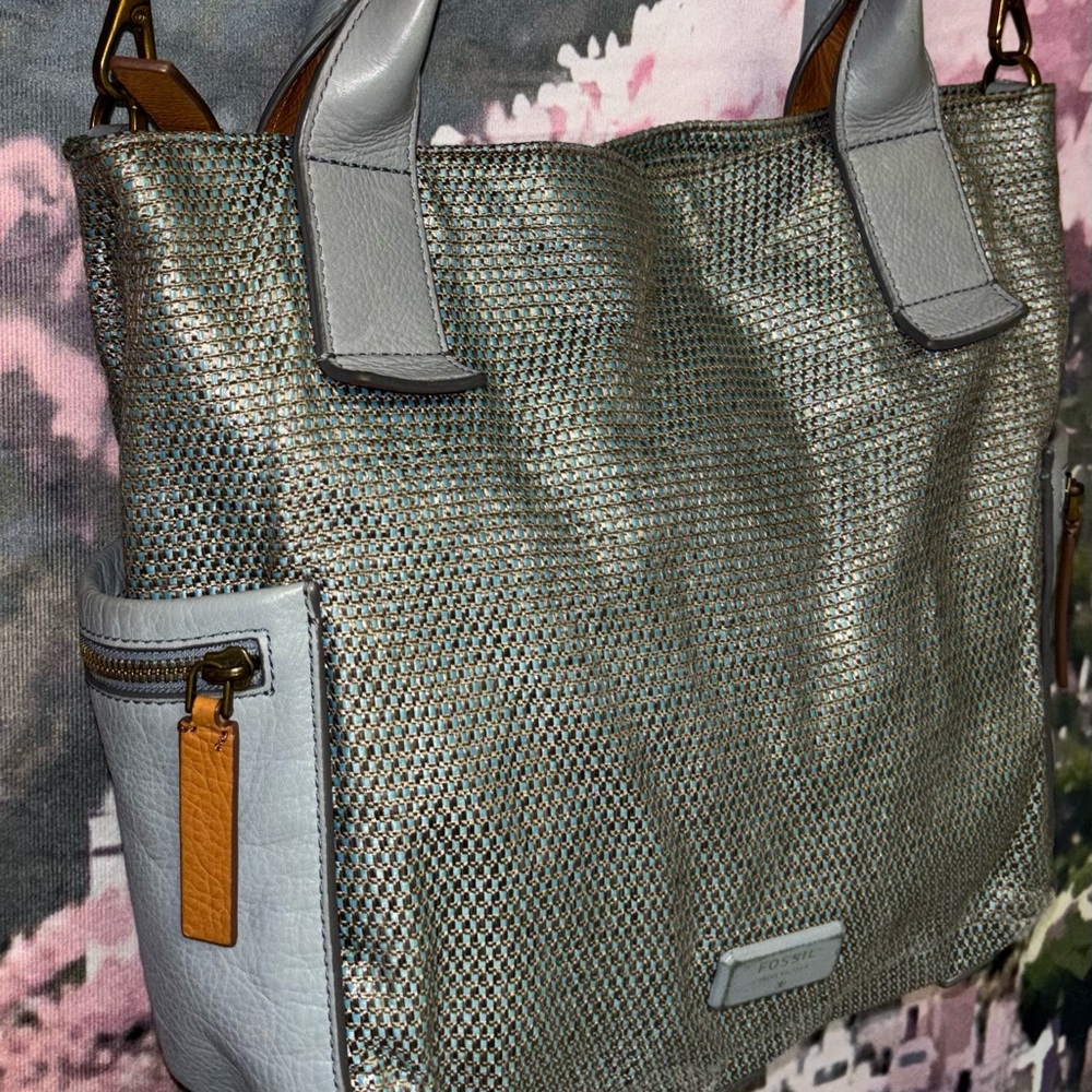 Fossil Emerson Satchel Tote Bag, Woven Metallic Fabric Vintage